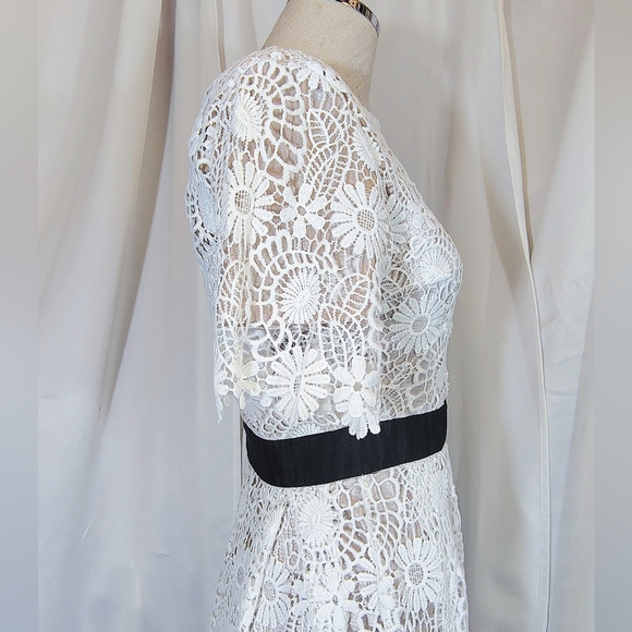 Lady Sharpely Maxi Dress, Vintage,White Lace Beige Lining, ZipUp, Short Sleeve,2 - Picture 10 of 14